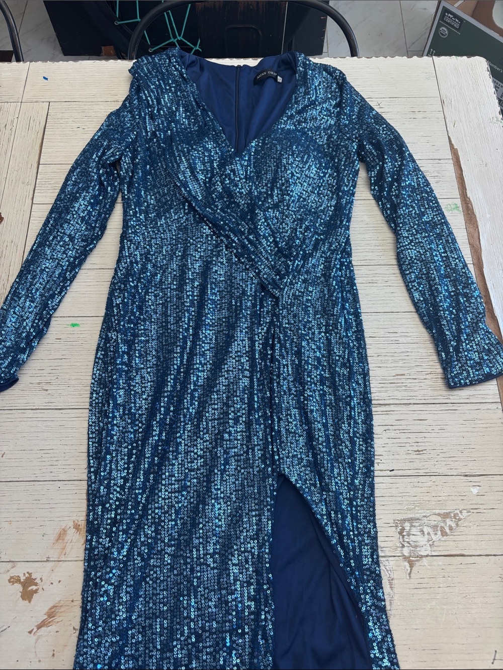 Long Sleeve Sequin Wrap Midi Dress in Blue